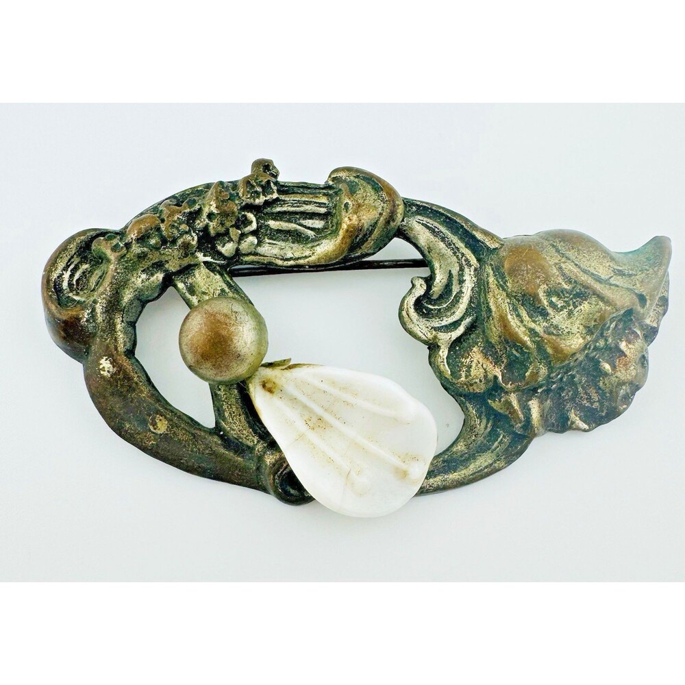 Large Art Nouveau Brooch Figural Carved Shell Floral Flower Cast Brass
